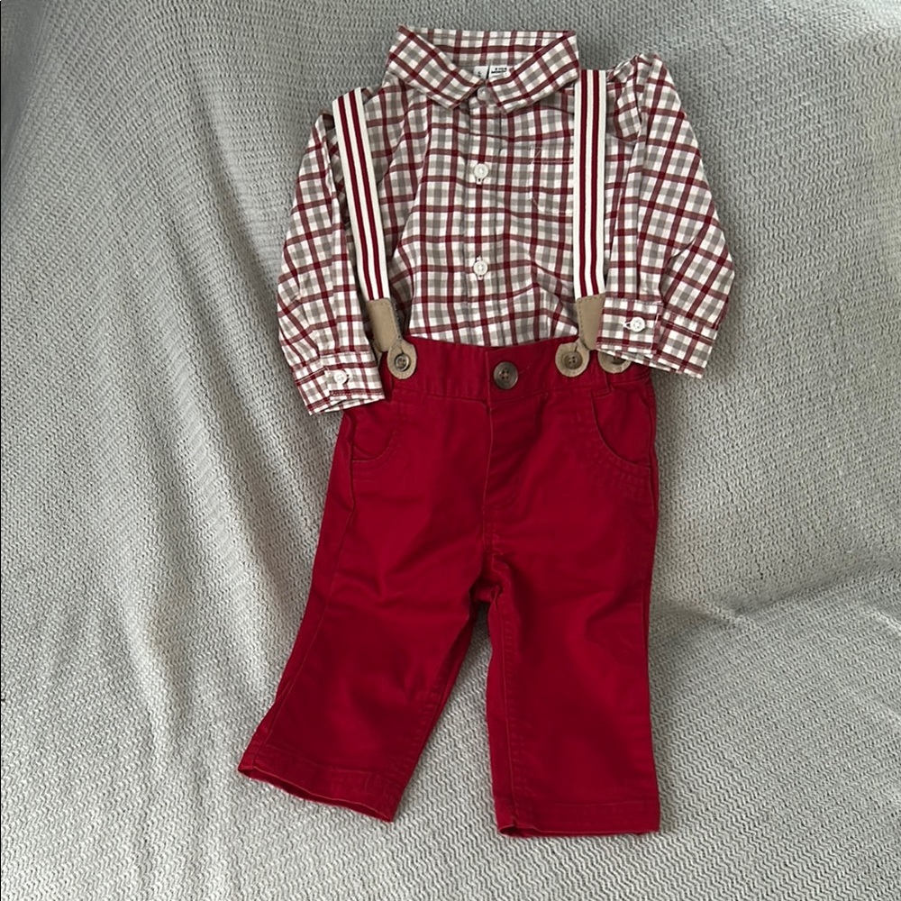 Janie and Jack Red Checkered Outfit with Suspenders